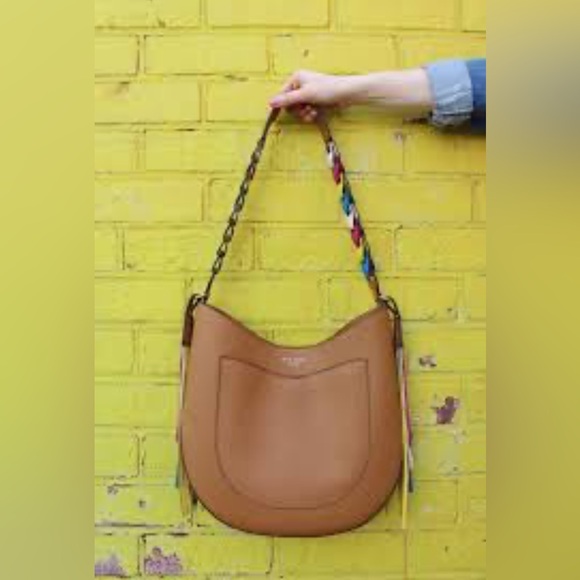 Henri Bendel New York Hobo Shoulder Bag Tan Multicolor Link Strap Fringe Rare - Picture 3 of 9